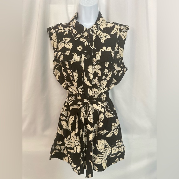 Rachel Zoe Black & Cream Floral Linen Blend Belted Romper Size 6 (1260) - Picture 3 of 17